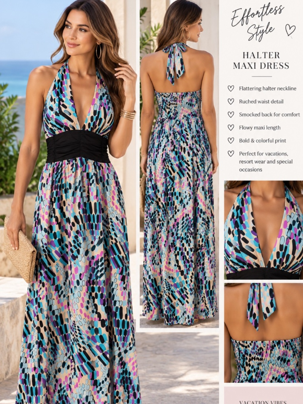 Jonathan Martin Size 6 Multicolor Halter Maxi Dress Ruched Waist